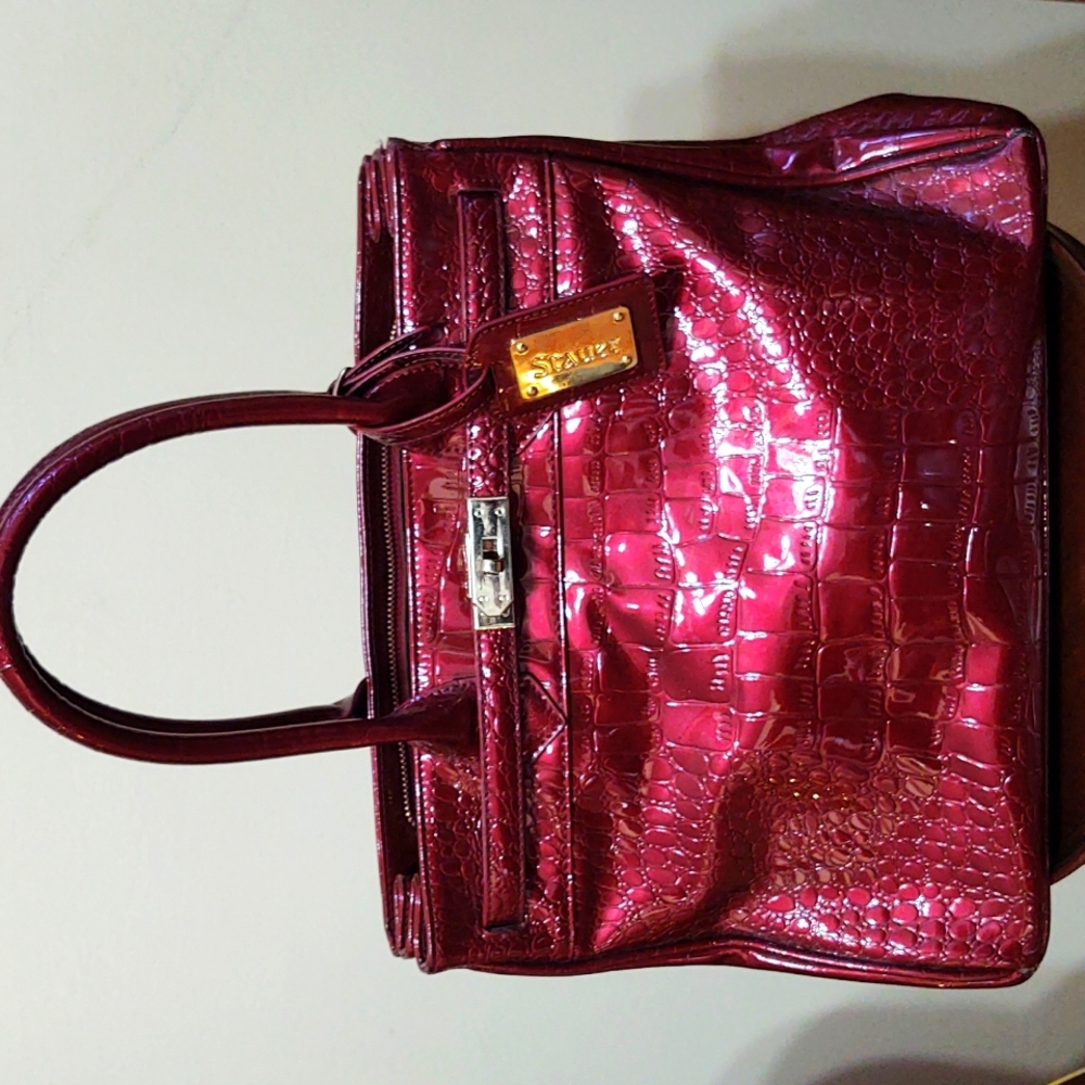 Stauer handbag rich red 13'x9"h x6" w at bottom:3" at top